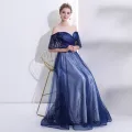 Elegant Kongeblå Selskapskjoler 2018 Prinsesse Krystall Rhinestone Paljetter Stjerne Kjæreste Ryggløse Korte Ermer Lange Formelle Kjoler