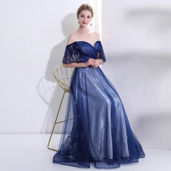 Elegant Kongeblå Selskapskjoler 2018 Prinsesse Krystall Rhinestone Paljetter Stjerne Kjæreste Ryggløse Korte Ermer Lange Formelle Kjoler