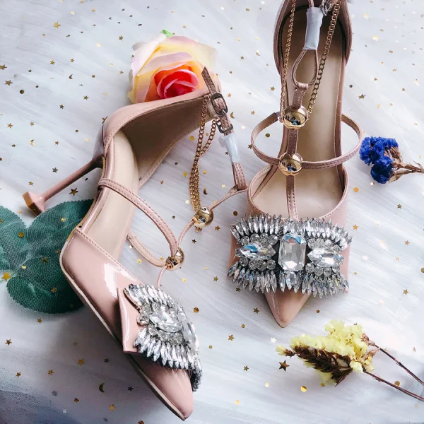 Modern / Fashion Nude Evening Party Womens Shoes 2019 Leather Rhinestone T-Strap 8 cm Stiletto Heels Pointed Toe High Heels