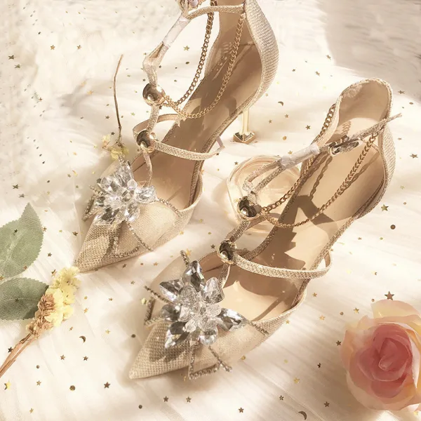 Charming Champagne Evening Party Womens Shoes 2019 Leather Rhinestone T-Strap 8 cm Stiletto Heels Pointed Toe High Heels