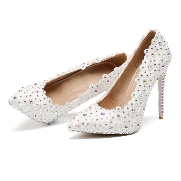 Chic / Beautiful Ivory Wedding Shoes 2019 Rhinestone Lace Flower 11 cm Stiletto Heels Pointed Toe Wedding Pumps