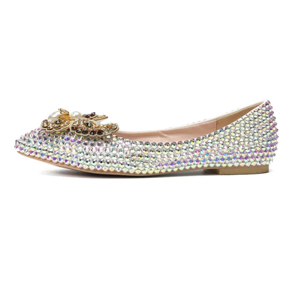 Chic / Beautiful Multi-Colors 2019 Rhinestone Pearl Butterfly Flat Pointed Toe Wedding Shoes