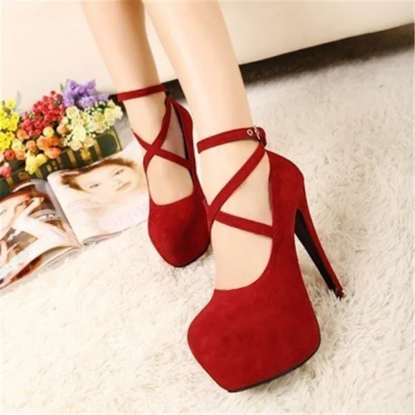 Erschwinglich Schwarz Abend Pumps 2019 Wildleder Knöchelriemen X-Riemen 11 cm Stilettos Runde Zeh Pumps
