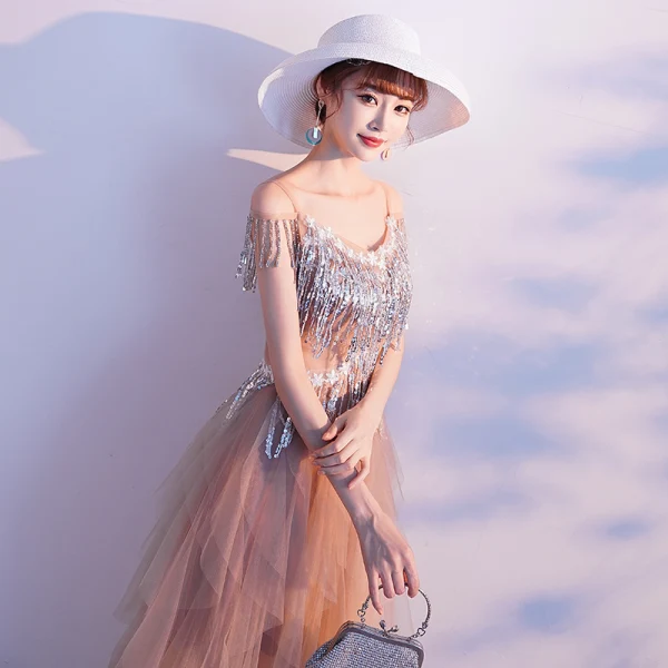 Modern / Fashion Champagne Evening Dresses 2019 A-Line / Princess Spaghetti Straps Lace Flower Sequins Tassel Sleeveless Ankle Length Formal Dresses