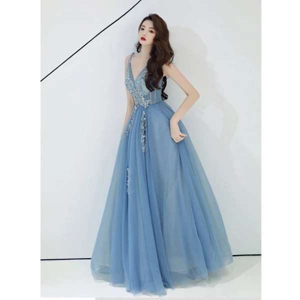Chic / Beautiful Sky Blue Evening Dresses 2019 A-Line / Princess Sleeveless Beading Lace Flower Appliques Spaghetti Straps Backless Floor-Length / Long Formal Dresses