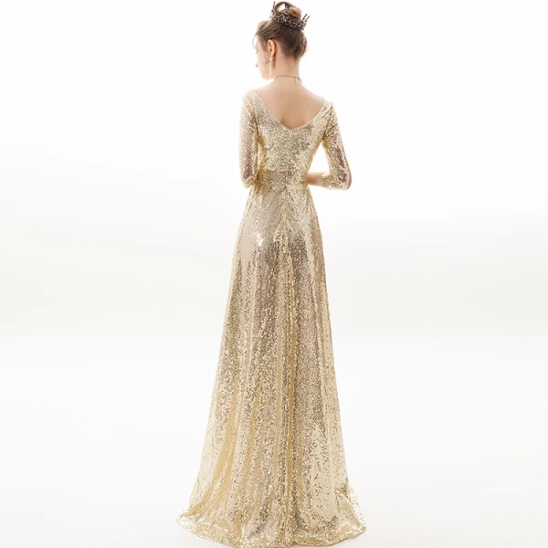 Sparkly Champagne Evening Dresses 2019 A-Line / Princess V-Neck Sequins 3/4 Sleeve Backless Floor-Length / Long Formal Dresses