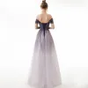 Modest / Simple Lavender Gradient-Color Evening Dresses  2019 A-Line / Princess Off-The-Shoulder Sleeveless Backless Floor-Length / Long Formal Dresses
