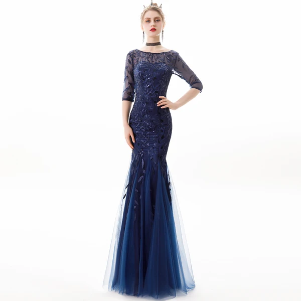 Chic / Belle Bleu Marine Robe De Soirée 2019 Trompette / Sirène Encolure Dégagée Paillettes En Dentelle Fleur 3/4 Manches Dos Nu Longue Robe De Ceremonie