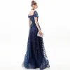 Classy Navy Blue Evening Dresses  2019 A-Line / Princess Square Neckline Sequins Lace Flower Short Sleeve Backless Floor-Length / Long Formal Dresses