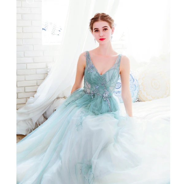 Chic / Beautiful Sky Blue Evening Dresses  2019 A-Line / Princess V-Neck Beading Pearl Sequins Lace Flower Sleeveless Backless Floor-Length / Long Formal Dresses