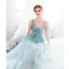 Chic / Beautiful Sky Blue Evening Dresses  2019 A-Line / Princess V-Neck Beading Pearl Sequins Lace Flower Sleeveless Backless Floor-Length / Long Formal Dresses