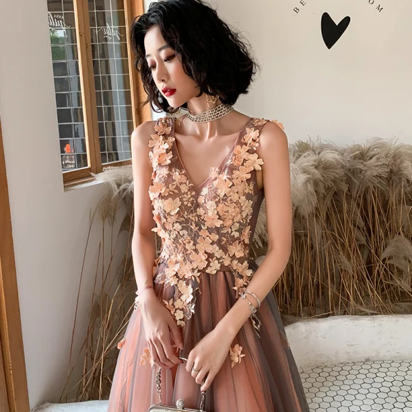 Elegante Rosa Abendkleider 2019 A Linie V-Ausschnitt Strass Blumen Spitze Ärmellos Rückenfreies Lange Festliche Kleider
