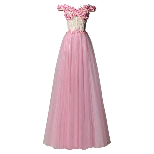 Chic / Belle Rose Bonbon Robe De Bal 2019 Princesse De l'épaule Perlage Perle En Dentelle Fleur Appliques Manches Courtes Dos Nu Longue Robe De Ceremonie