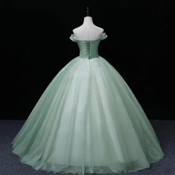 Elegant Sage Green Sequins Prom Dresses 2022 Ball Gown Off-The-Shoulder Sleeveless Rhinestone Butterfly Beading Backless Pearl Floor-Length / Long Formal Dresses