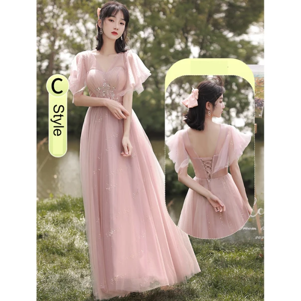 Chic / Beautiful Blushing Pink Bridesmaid Dresses 2021 A-Line / Princess Scoop Neck Beading Rhinestone Sequins Short Sleeve Backless Floor-Length / Long Bridesmaid Wedding Party Dresses