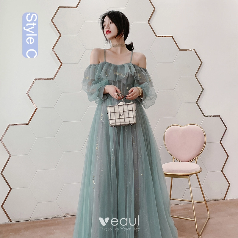 Glitter Grey Green A-Line Sequin Chiffon Long Bridesmaid Dress with Slit