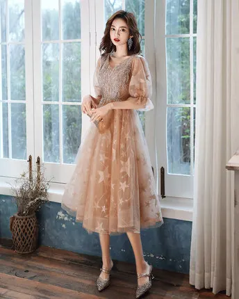 Charming Champagne Beading Sequins Homecoming Graduation Dresses Prom Dresses 2021 A-Line / Princess V-Neck Star Lace 1/2 Sleeves Floor-Length / Long Formal Dresses