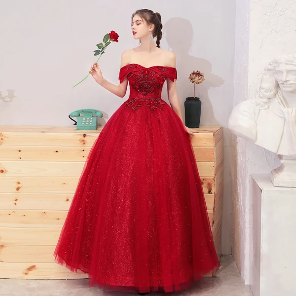 Chic / Belle Bordeaux Faux Diamant Paillettes Robe De Bal 2021 Robe Boule De l'épaule Appliques Manches Courtes Dos Nu Longue Promo Robe De Ceremonie