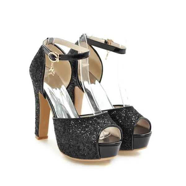 Sexy Silber Abend Pailletten Sandalen Damen 2021 Knöchelriemen 12 cm Thick Heels Peeptoes Sandaletten Hochhackige