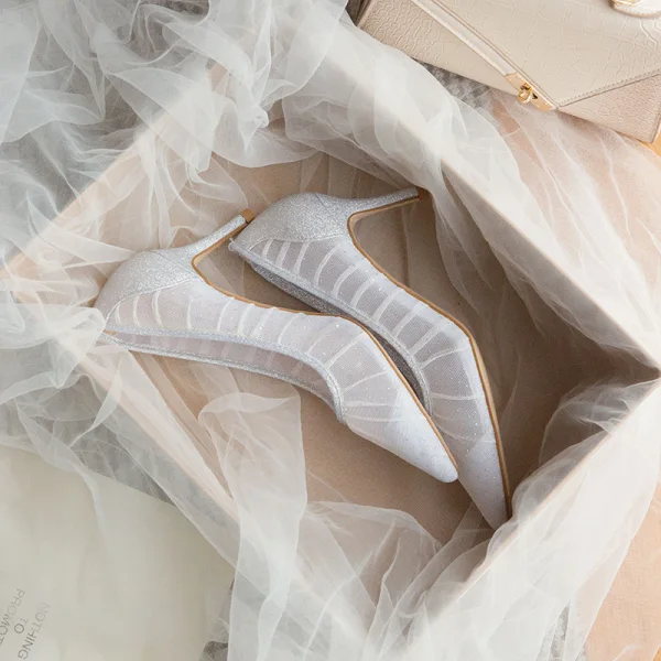 Charming Silver Lace Sequins Wedding Shoes 2021 6 cm Stiletto Heels Pointed Toe Wedding Pumps High Heels