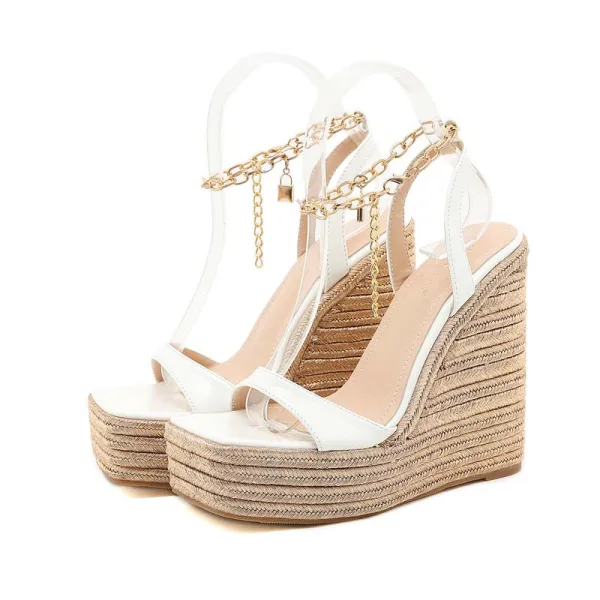 Mode Meeresblau Strassenmode Flechten Sandalen Damen 2021 Knöchelriemen 15 cm Keilabsatz Plateau Peeptoes Sandaletten
