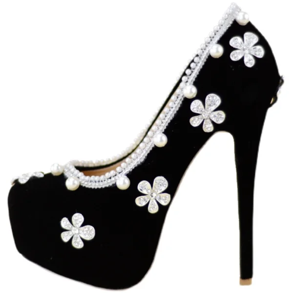 Charming Black Pearl Rhinestone Wedding Shoes 2021 14 cm Stiletto Heels Round Toe Wedding Pumps High Heels