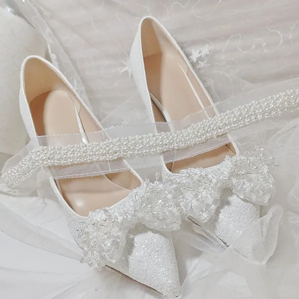 Charmant Ivoire Chaussure De Mariée 2021 Cuir Perle Faux Diamant Noeud 10 cm Talons Aiguilles À Bout Pointu Mariage Escarpins Talons Hauts