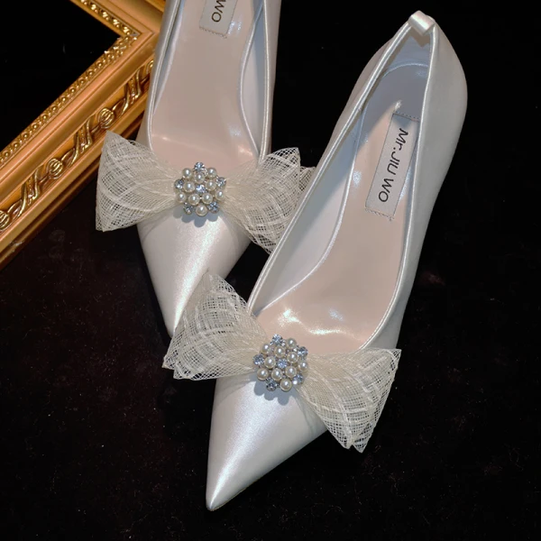 Elegant Ivory Pearl Bow Wedding Shoes 2021 Leather 8 cm Stiletto Heels Pointed Toe Wedding Pumps High Heels