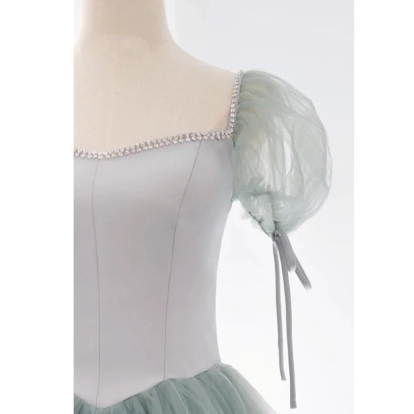 Vintage / Retro Sage Green Prom Dresses 2021 A-Line / Princess Square Neckline Rhinestone Puffy Short Sleeve Floor-Length / Long Prom Formal Dresses