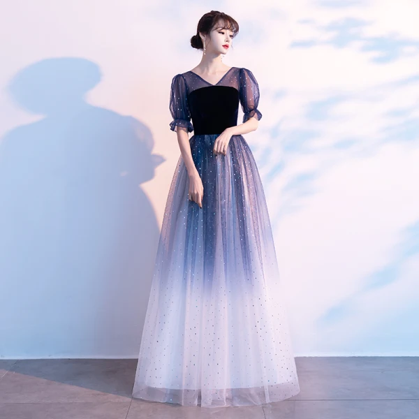Chic / Beautiful Ocean Blue Star Sequins Prom Dresses 2021 A-Line / Princess V-Neck Suede 1/2 Sleeves Backless Floor-Length / Long Prom Formal Dresses