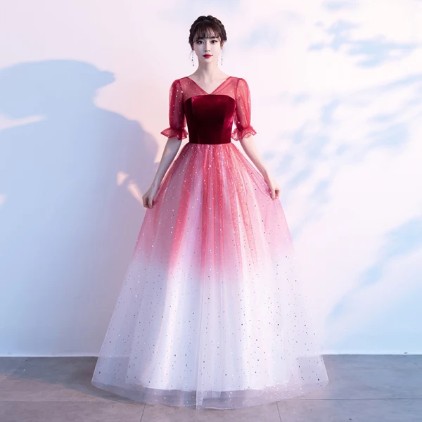 Elegant Burgundy Suede Prom Dresses 2021 A-Line / Princess V-Neck Star Sequins 1/2 Sleeves Backless Floor-Length / Long Prom Formal Dresses
