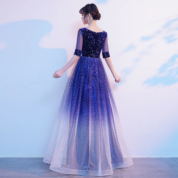Sparkly Royal Blue Suede Star Sequins Prom Dresses 2021 A-Line / Princess V-Neck 1/2 Sleeves Floor-Length / Long Prom Formal Dresses