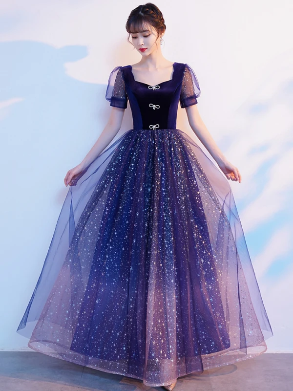 Bling Bling Bleu Roi Étoile Paillettes Faux Diamant Noeud Robe De Bal 2021 Princesse Encolure Carrée Manches Courtes Dos Nu Longue Promo Robe De Ceremonie