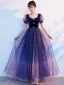 Bling Bling Bleu Roi Étoile Paillettes Faux Diamant Noeud Robe De Bal 2021 Princesse Encolure Carrée Manches Courtes Dos Nu Longue Promo Robe De Ceremonie