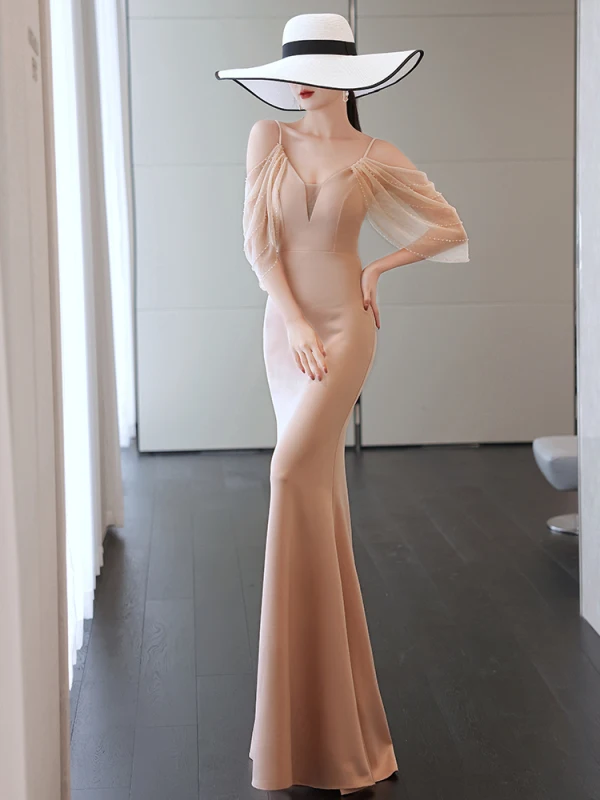 Charming Champagne Evening Dresses  2021 Trumpet / Mermaid Spaghetti Straps Beading Short Sleeve Backless Floor-Length / Long Evening Party Formal Dresses