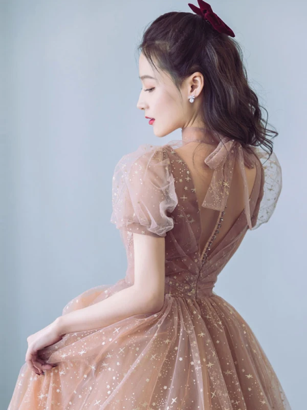 Fashion Champagne Prom Dresses 2021 A-Line / Princess High Neck Star Lace Puffy Short Sleeve Bow Floor-Length / Long Prom Formal Dresses