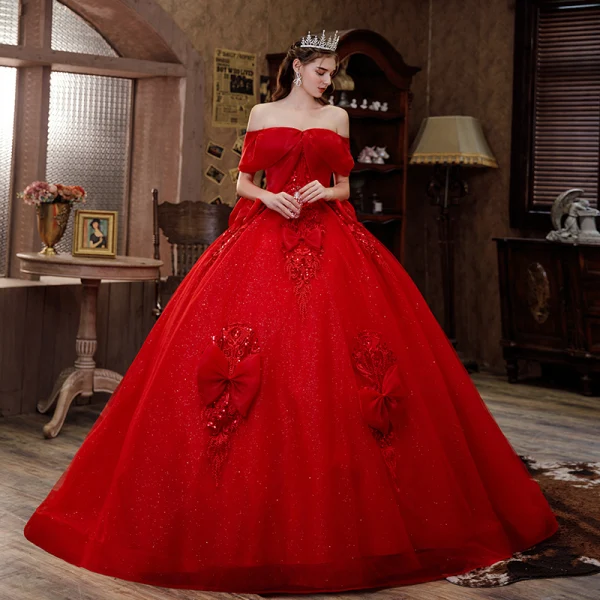 Modern / Fashion Red Sequins Lace Flower Wedding Dresses 2021 Ball Gown Off-The-Shoulder Bow Short Sleeve Backless Royal Train Wedding
