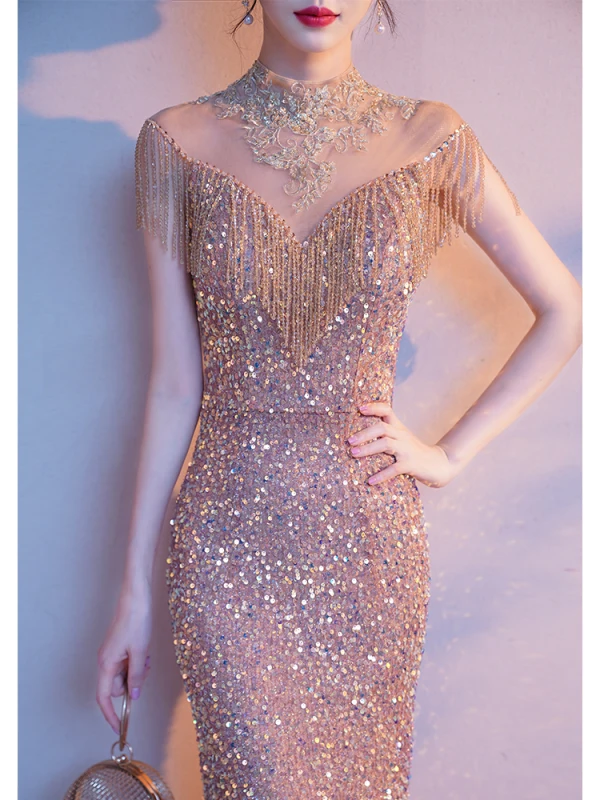 Sparkly Gold Sequins Beading Tassel Evening Dresses  2021 Trumpet / Mermaid High Neck Short Sleeve Floor-Length / Long Evening Party Formal Dresses