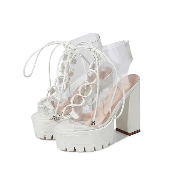 Fashion Transparent Black Street Wear Womens Sandals 2021 13 cm Thick Heels Open / Peep Toe Sandals High Heels