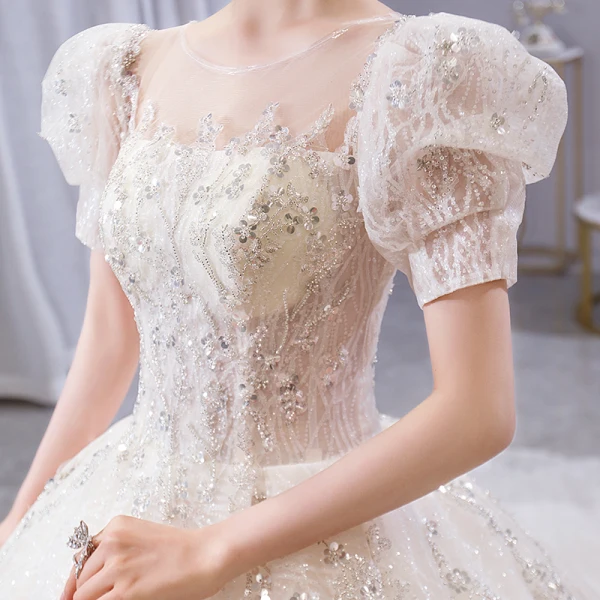 Vintage / Retro Ivory Beading Sequins Lace Flower Wedding Dresses 2021 Ball Gown Scoop Neck Short Sleeve Backless Royal Train Wedding