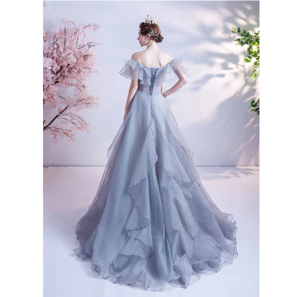 Moderne / Mode Bleu Ciel Volants en Cascade Robe De Bal Bretelles croisées 2021 Princesse De l'épaule Perlage Cristal Perle Faux Diamant Manches Courtes Dos Nu Longue Promo Robe De Ceremonie