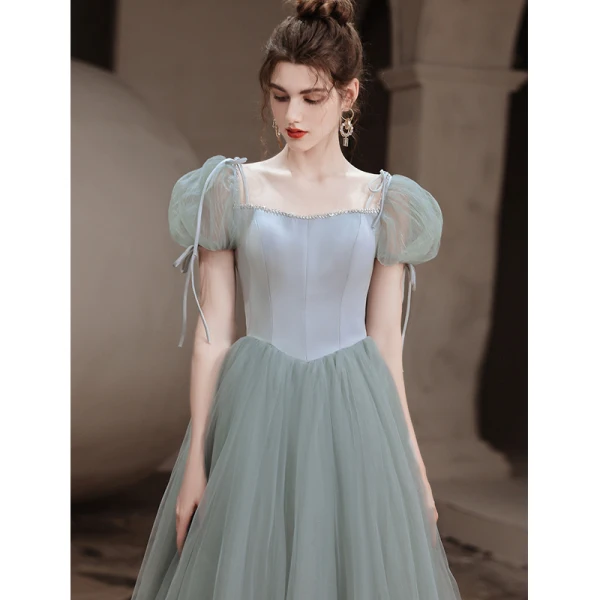 Fashion Sage Green Prom Dresses 2021 A-Line / Princess Square Neckline Puffy Short Sleeve Backless Floor-Length / Long Prom Formal Dresses