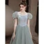 Fashion Sage Green Prom Dresses 2021 A-Line / Princess Square Neckline Puffy Short Sleeve Backless Floor-Length / Long Prom Formal Dresses