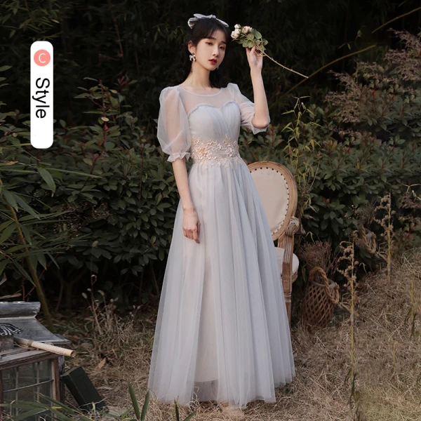 Chic / Beautiful Grey Bridesmaid Dresses 2021 A-Line / Princess Scoop Neck Lace Flower 1/2 Sleeves Backless Floor-Length / Long Bridesmaid Wedding Party Dresses