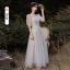 Chic / Beautiful Grey Bridesmaid Dresses 2021 A-Line / Princess Scoop Neck Lace Flower 1/2 Sleeves Backless Floor-Length / Long Bridesmaid Wedding Party Dresses