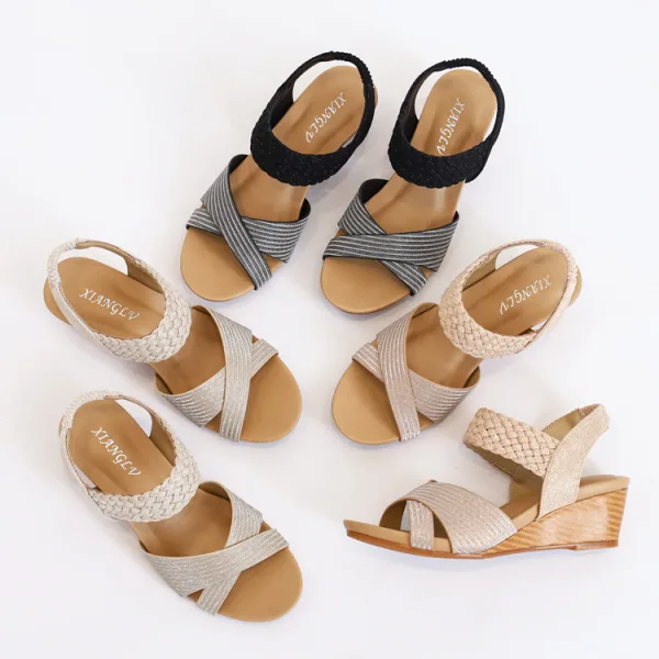 Fashion Champagne Street Wear Braid Womens Sandals 2021 5 cm Wedges Open / Peep Toe Sandals