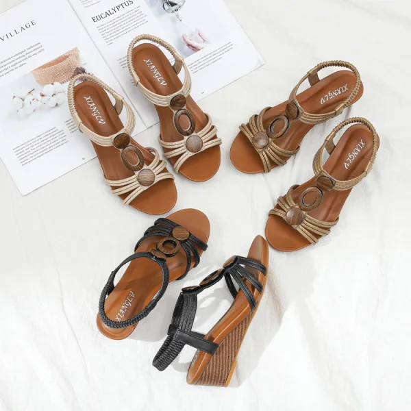 Roman Brown Street Wear Womens Sandals 2021 T-Strap 5 cm Wedges Open / Peep Toe Sandals High Heels