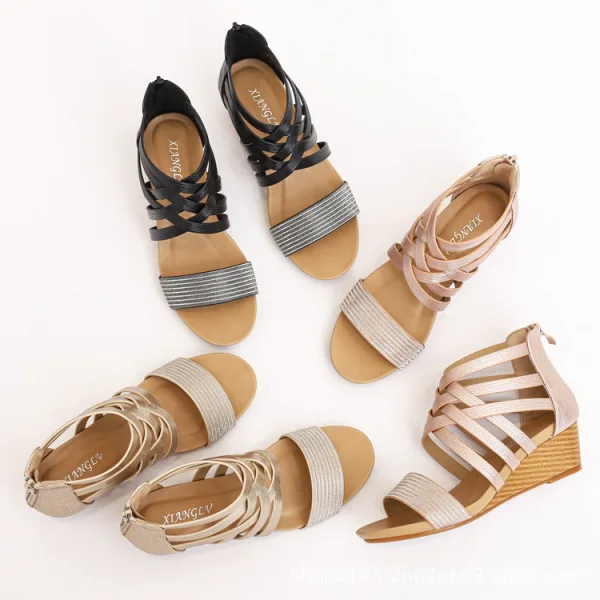 Bohemia Chic / Beautiful Gold Street Wear Womens Sandals 2021 5 cm Wedges Open / Peep Toe Sandals