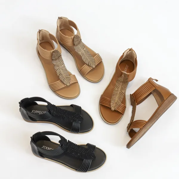 Bohemia Beige Street Wear T-Strap Rhinestone Flat Womens Sandals 2021 Open / Peep Toe Sandals