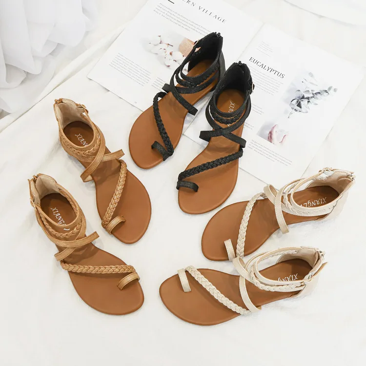 Roman Summer Beige Casual Beach Flat Womens Sandals 2021 Ankle Strap Open Peep Toe